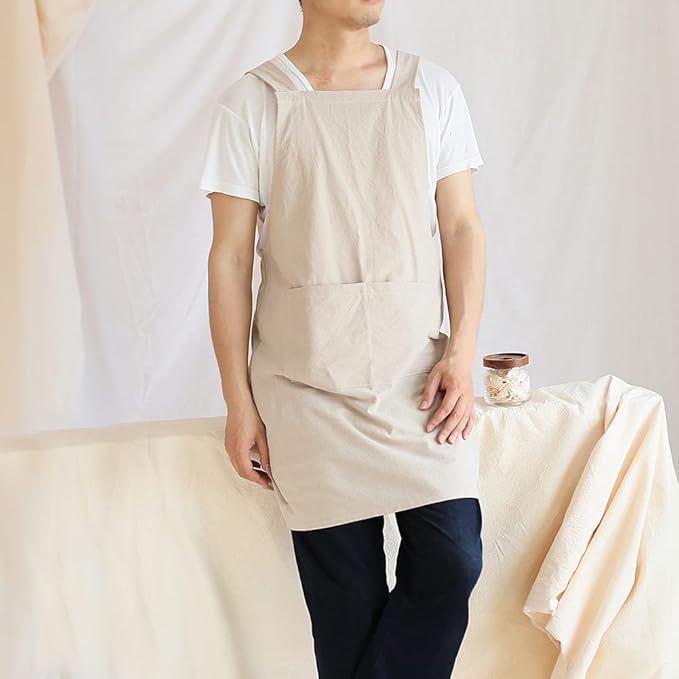 Japanese Style Linen Cotton Cross Back Pinafore Apron with Pockets for Women Ladies Men Chef Kitchen Cooking Baking