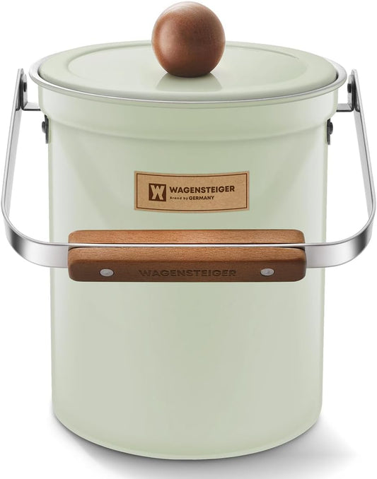 Kitchen Countertop Compost Bin 101Ounces / 3Liter with Airtight Lid, SUS304 Stainless Steel Odor-Free Food Waste Bin with Wooden Handle Stylish Design/Bathroon Trash Can (Mint Green)