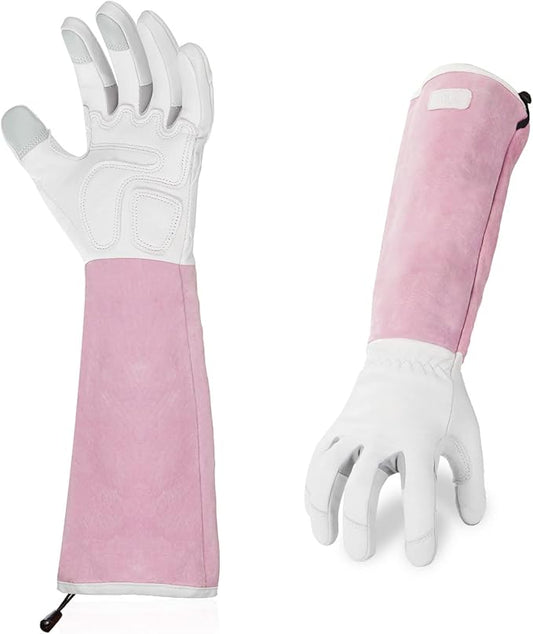 Vgo... 1-Pair Premium Genuine Goat Leather Extra-Long Cuff Thornproof Gardening Gloves (Size L, Pink White, GA1013)