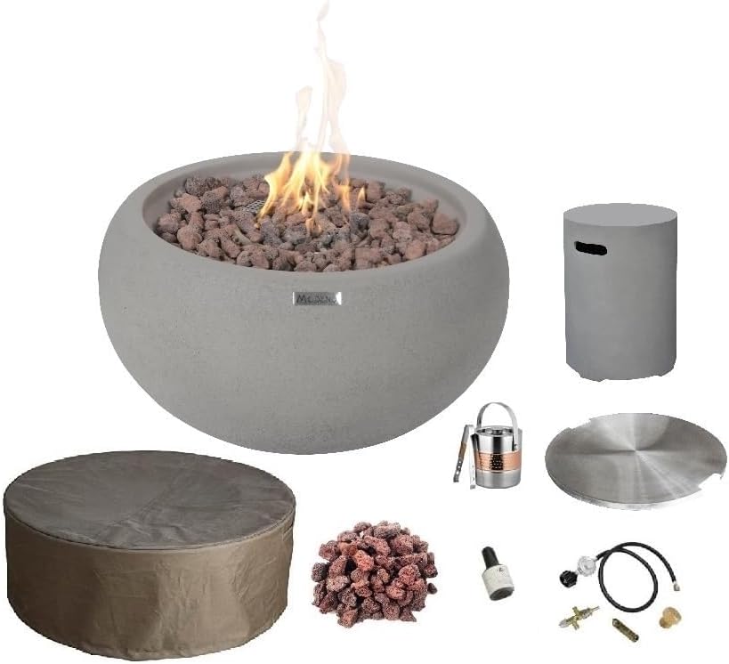 AMS Fireplace | Modeno Newbridge Package | Light Gray Liquid Propane Gas Fire Pit Table for Outside Patio Bundle with Tank Cover, & SS Burner Lid | Free Ice Bucket & Rubber Mat