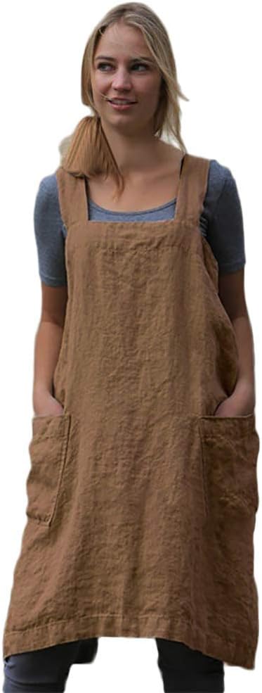WROLEM Women's Practical Cross Back Pinafore Apron with Large Pockets Home Kitchen,Restaurant,Coffee House,Cooking,Gardening
