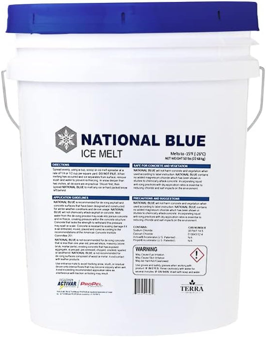 National Blue Ice Melt and Snow Salt 50lb Bucket - Fast Acting Ice Melter - Pet, Plant and Concrete Friendly, Environmentally Safe - Free of Magnesium Chloride - Melts to -15°F