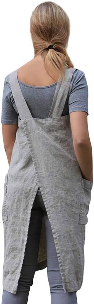 WROLEM Women's Practical Cross Back Pinafore Apron with Large Pockets Home Kitchen,Restaurant,Coffee House,Cooking,Gardening