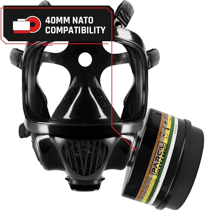 Parcil Distribution CS-100 Full-Face Respirator - Class 3 - Survival & Chemical Respirator Mask - 6-Point Harness & Dual 40mm NATO