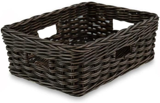 The Basket Lady Rectangular Low Wicker Storage Basket, Medium, 16 in L x 12 in W x 6 in H, Antique Walnut Brown