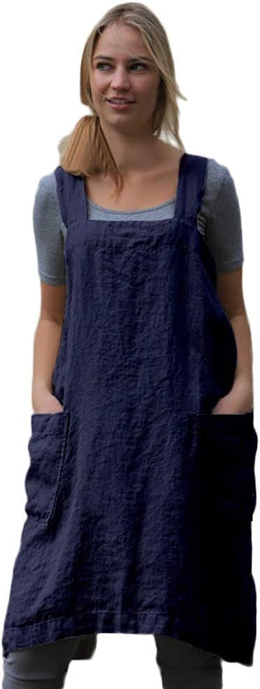 WROLEM Women's Practical Cross Back Pinafore Apron with Large Pockets Home Kitchen,Restaurant,Coffee House,Cooking,Gardening