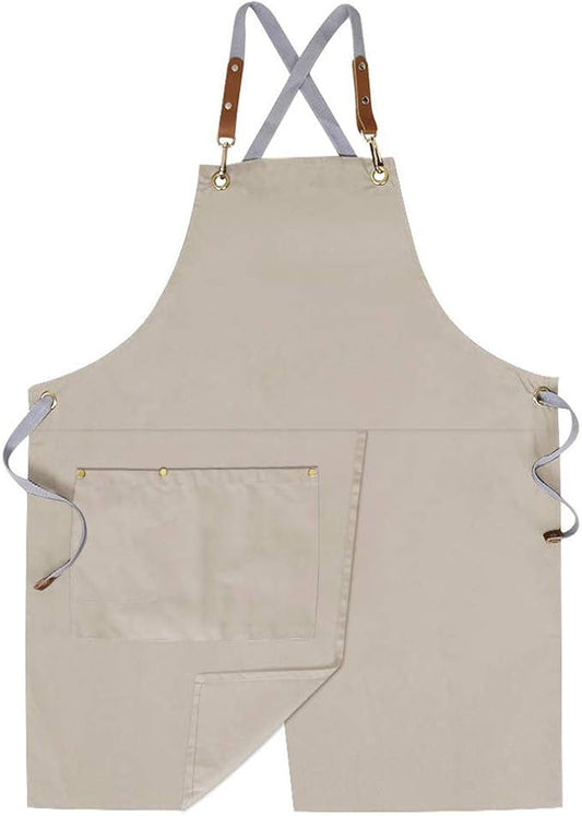 Mignongirl Crossback Apron with Pockets x2,Split Apron with Adjustable Straps,M-XXL (Beige)