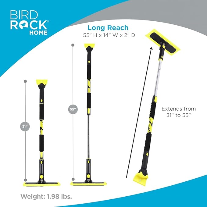 BIRDROCK HOME 55" Extendable Snow Brush with 14" Foam Head & Detachable Scraper | Aluminum Grip for Car, Truck, SUV | Safe on Auto Windshield & Windows | Wide Frost Remover - Yellow