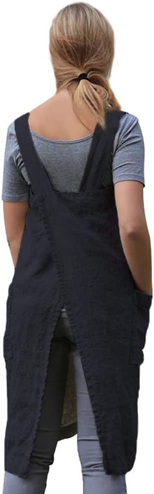 WROLEM Women's Practical Cross Back Pinafore Apron with Large Pockets Home Kitchen,Restaurant,Coffee House,Cooking,Gardening