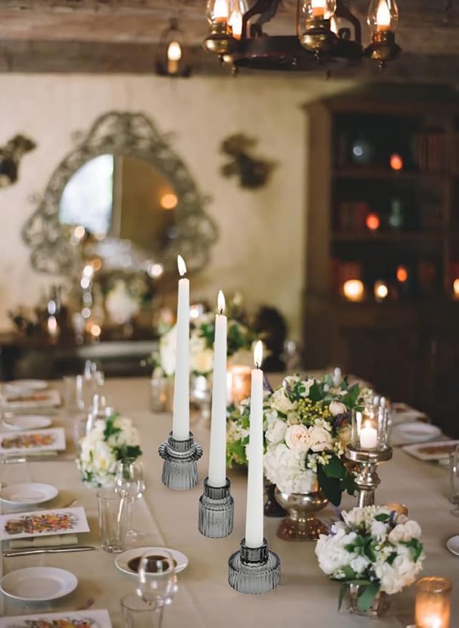Vixdonos Taper Glass Candlestick Holders Tealight Candle Holders for Table Centerpieces, Wedding Decor and Dinner Party (6 Pcs, Gray)