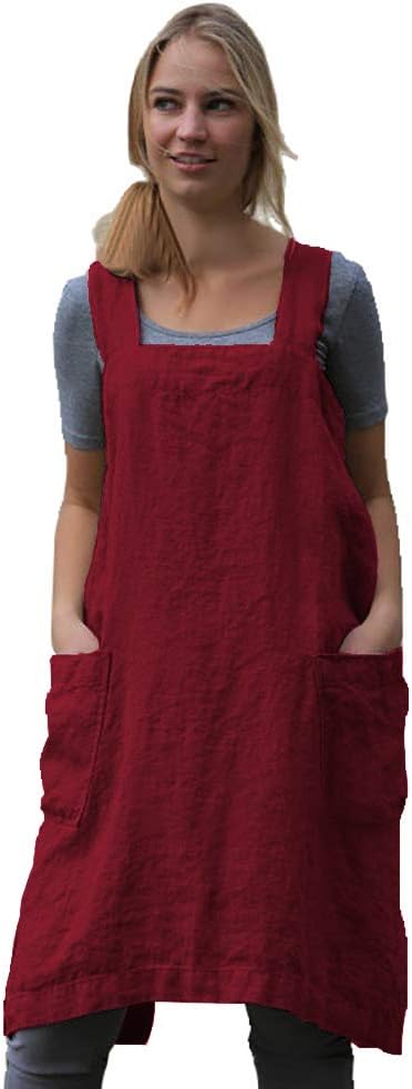 WROLEM Women's Practical Cross Back Pinafore Apron with Large Pockets Home Kitchen,Restaurant,Coffee House,Cooking,Gardening