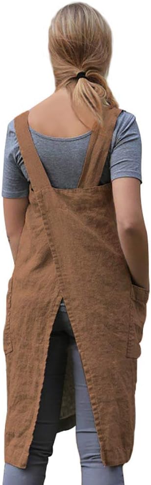 WROLEM Women's Practical Cross Back Pinafore Apron with Large Pockets Home Kitchen,Restaurant,Coffee House,Cooking,Gardening