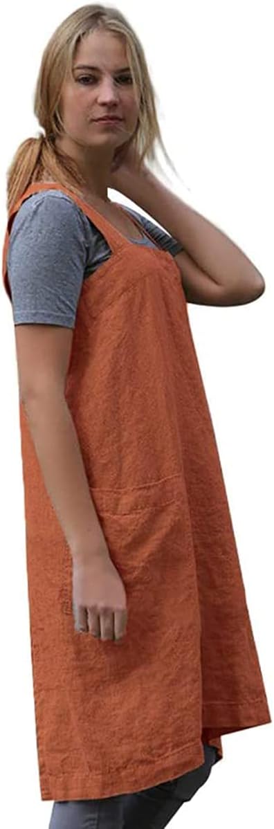 WROLEM Women's Practical Cross Back Pinafore Apron with Large Pockets Home Kitchen,Restaurant,Coffee House,Cooking,Gardening
