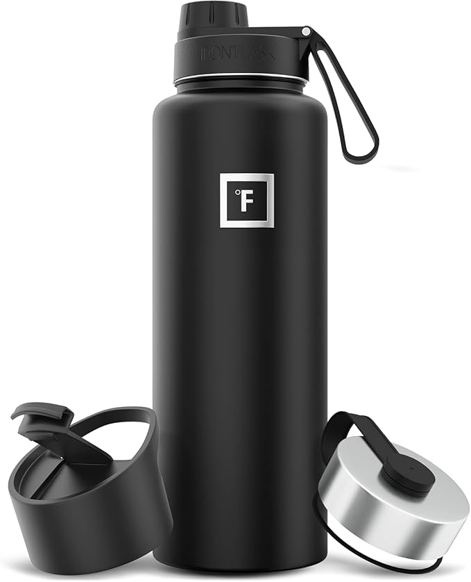 IRON °FLASK Camping & Hiking Hydration Flask with Spout, Wide Mouth Insulated Stainless Steel Sports Water Bottle - 40 oz Midnight Black