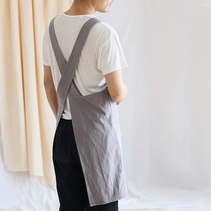 Japanese Style Linen Cotton Cross Back Pinafore Apron with Pockets for Women Ladies Men Chef Kitchen Cooking Baking