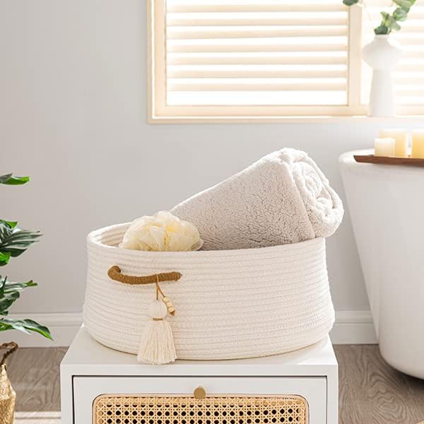 KAKAMAY Woven Baskets for Storage(16"x8"),Blanket Basket for Organizing Living Room,Cotton Rope Basket Woven Baby Laundry Hamper,Collapsible Laundry Room Organization,Clothes,Toy Chest(White)