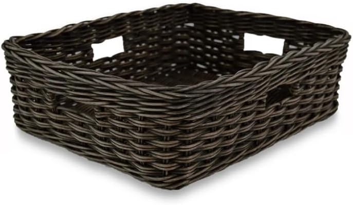 The Basket Lady Narrow Rectangular Wicker Storage Basket, Large, 20 in L x 16 in W x 6.5 in H, Antique Walnut Brown