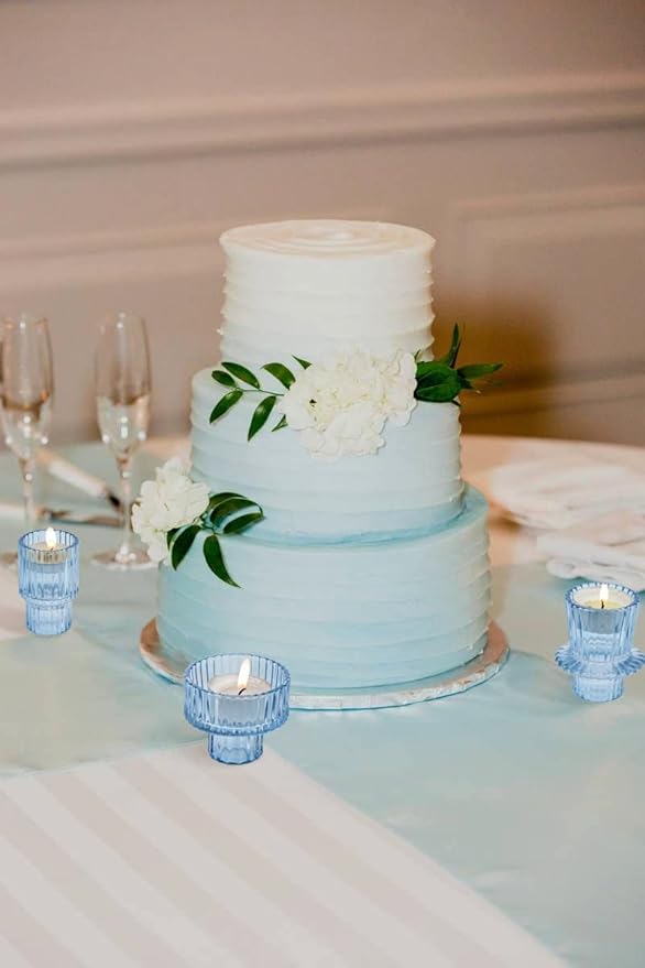 Vixdonos Glass Candlestick Holders Tealight Candle Holders for Table Centerpieces, Wedding Decor and Dinner Party (3 Pcs, Light Blue)