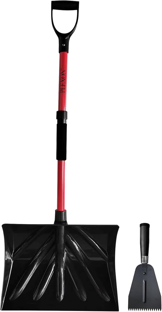 PLEXON Snow Shovel for Driveway Car with Ice Chopper - Ergonomic Collapsible Lightweight Folding Fiberglass Snow Pusher for Snow Removal and Breaking Ice - 18" Width 47", Black, Red