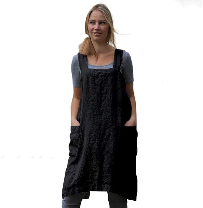 WROLEM Women's Practical Cross Back Pinafore Apron with Large Pockets Home Kitchen,Restaurant,Coffee House,Cooking,Gardening