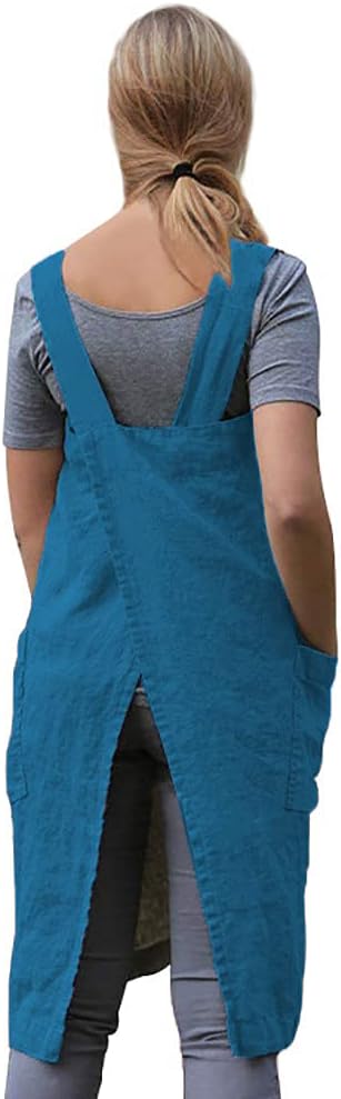 WROLEM Women's Practical Cross Back Pinafore Apron with Large Pockets Home Kitchen,Restaurant,Coffee House,Cooking,Gardening