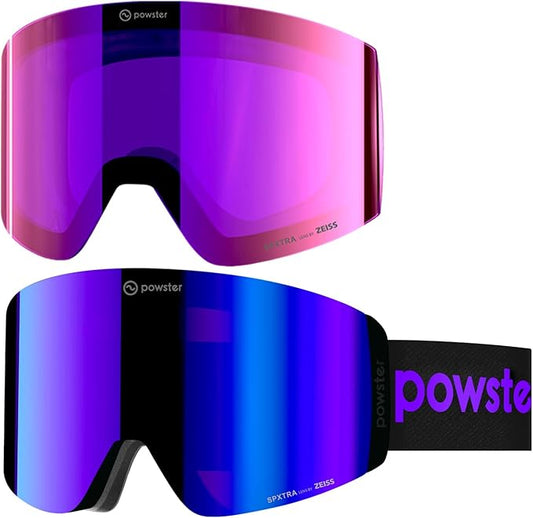 Powster Ski Goggles Snow OTG Snowboard Goggles Magnetic Interchangeable Lens Frameless UV Protection Anti-fog mobile Skating
