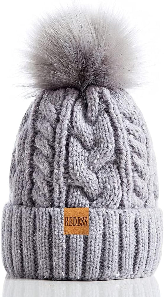 REDESS Women Winter Pompom Beanie Hat with Warm Fleece Lined, Thick Slouchy Snow Knit Skull Ski Cap
