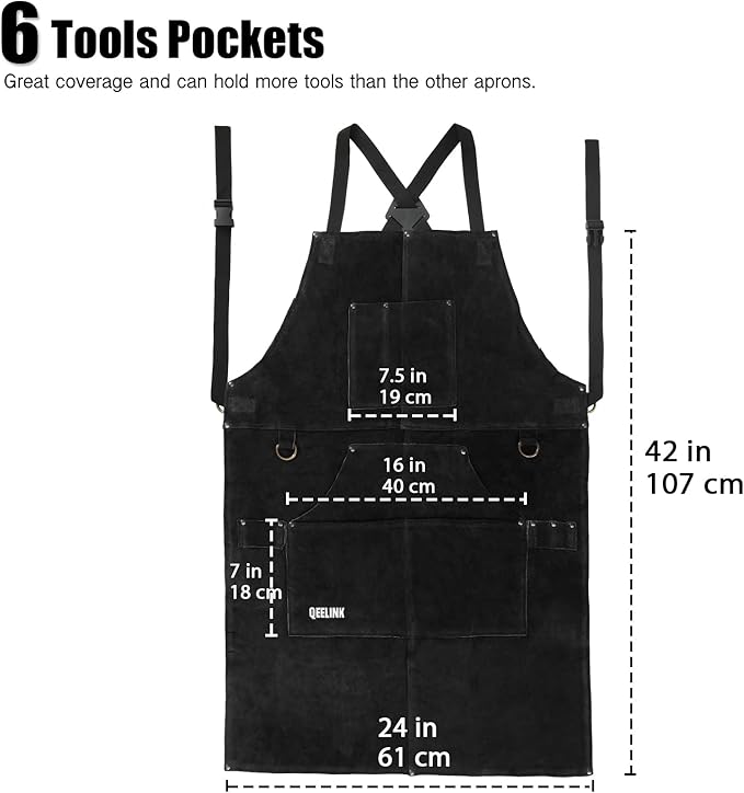 QeeLink Leather Welding Apron with 6 Pockets - Heat & Flame-Resistant Apron, 24'' X 42'', Adjustable M to XXXL (Black)