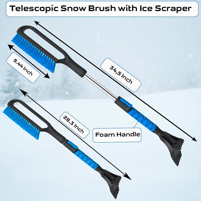34.5" Snow Brush & Ice Scrapers for Car Windshield with Foam Grip for Cars Extendable, SUV, Trucks - Detachable Сar Scraper - No Scratch - Heavy Duty Handle, Snow Broom, Remover, Easy Scraper, Blue