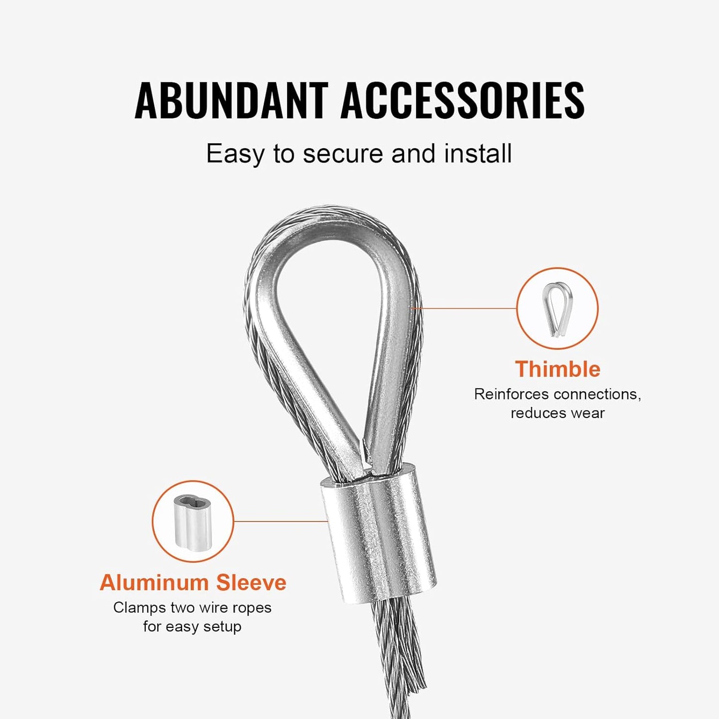 VEVOR 1/16 Wire Rope, 330 FT 304 Stainless Steel Cable with 80 Sleeves, 20 Thimbles, 450 lbs Breaking Strength, 7x7 Strands Marine Aircraft Grade for Handrail Stair Decking Fence Outdoors