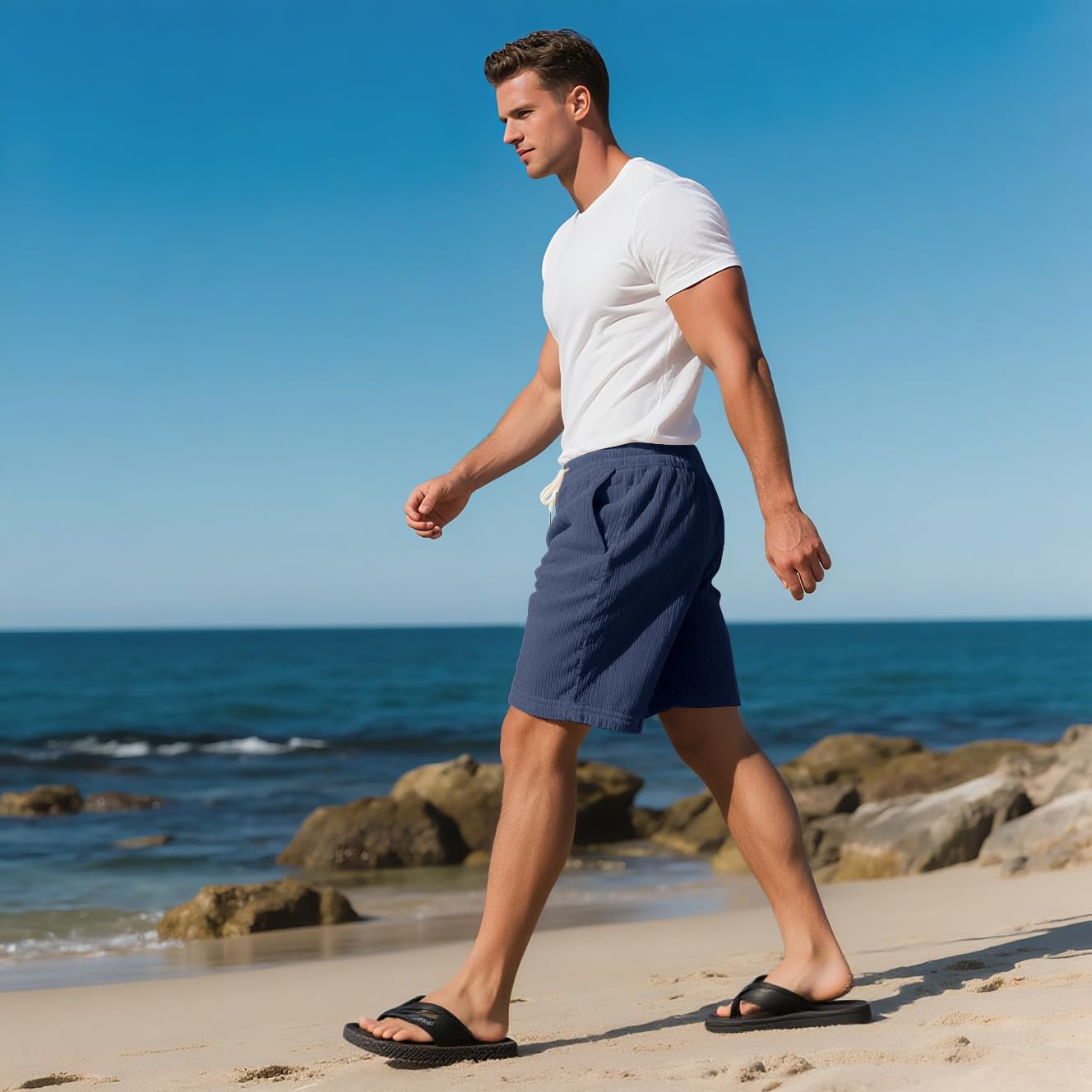 Mens Cargo Shorts Casual Drawstring Elastic Waist Corduroy Summer Beach Shorts with Pockets