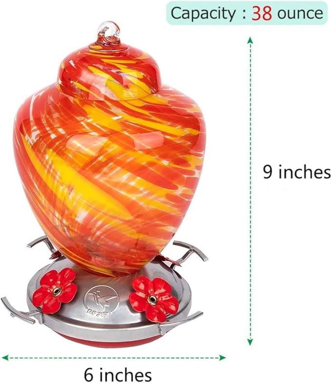 REZIPO Hummingbird Feeder with Perch - Hand Blown Glass - 38 Fluid Ounces Hummingbird Nectar Capacity Include Hanging Wires and Moat Hook (Yellow)