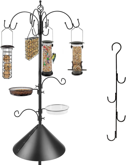 Bird Feeding Station Kit with Squirrel Baffle Bird Feeder Pole with Suet Cage Mesh Tray Fruit Hook Double W Hook for Attracting Wild Birds and Hanging Planter Hanger Lights