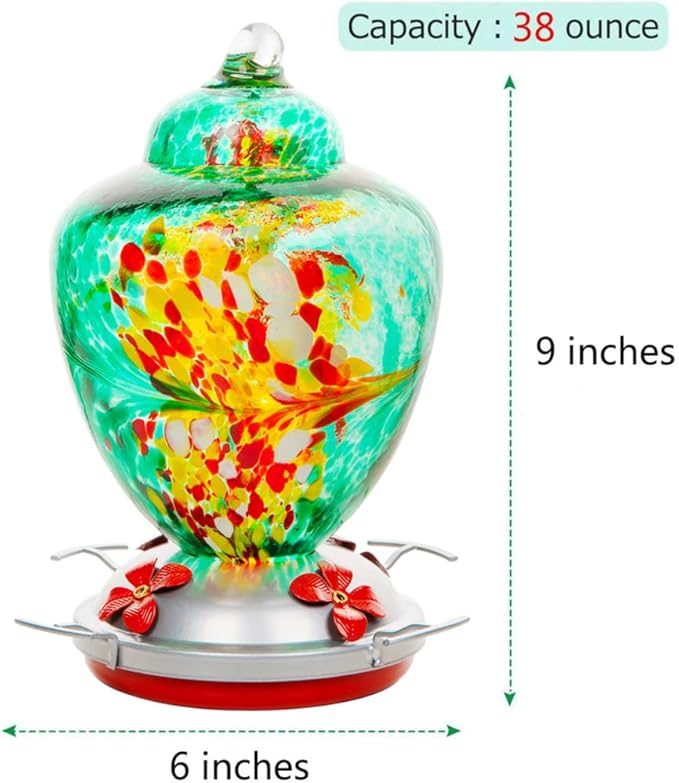 REZIPO Hummingbird Feeder with Perch - Hand Blown Glass - 38 Fluid Ounces Hummingbird Nectar Capacity Include Hanging Wires and Moat Hook (Green)