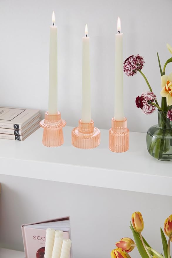 Vixdonos Taper Glass Candlestick Holders Tealight Candle Holders for Table Centerpieces, Wedding Decor and Dinner Party (6 Pcs, Orange Pink)