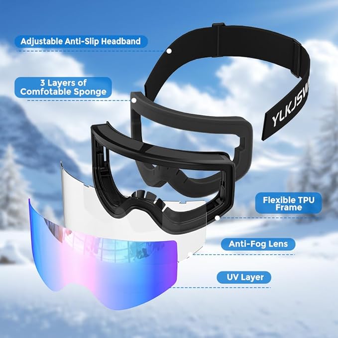 Ski Goggles for Men Women, OTG Snow Goggles, UV Protection Snowboard Goggles for Adult & Youth, Snowmobile, Sledding
