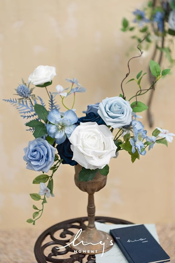 Ling's moment Fake Flowers Box, Artificial Faux Greenery Stems Silk Peony Foam Rose for Wedding Bouquets Centerpieces Table Decorations Backyard Floral Arrangement, Dusty Blue & Ivory, Mini Combo
