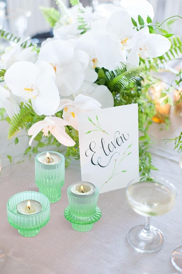 Vixdonos Colorful Glass Candlestick Holders Tealight Candle Holder Set for Table Centerpieces, Wedding Decor and Dinner Party (3 Pcs, Green White Gradient)