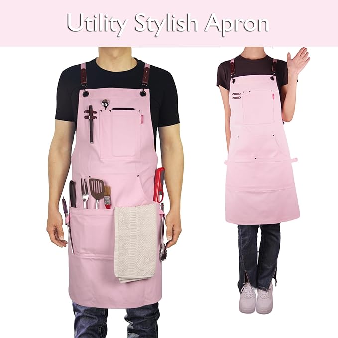5 Pack Kitchen Apron, Work Apron, Canvas, Multiple Pockets, Gardening, Painting, BBQ, Artist, Carpenter, Sizes M to XXL, Pink