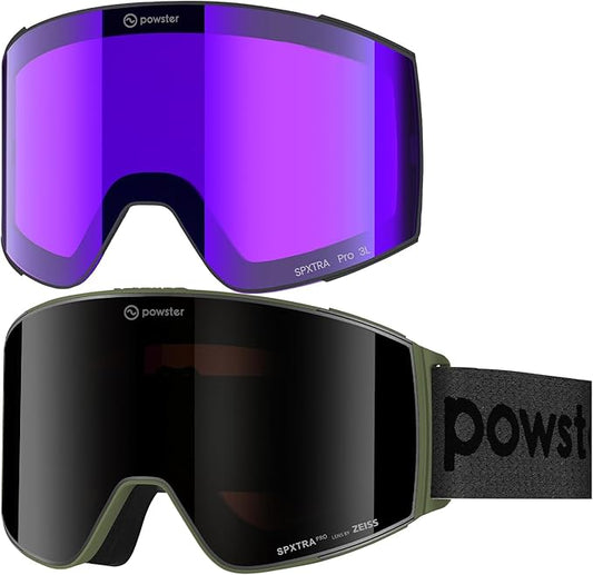 Powster Ski Goggles Snow OTG Snowboard Goggles Magnetic Interchangeable Lens Frameless UV Protection Anti-fog mobile Skating