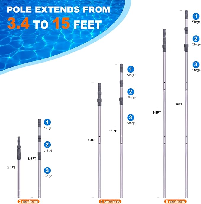 Sepetrel Pool Pole - Professional 15 Foot Telescoping Swimming Pool Cleaning Poles,Adjustable Telescopic Pole,for Skimmer Net,Brush,Vacuum Head