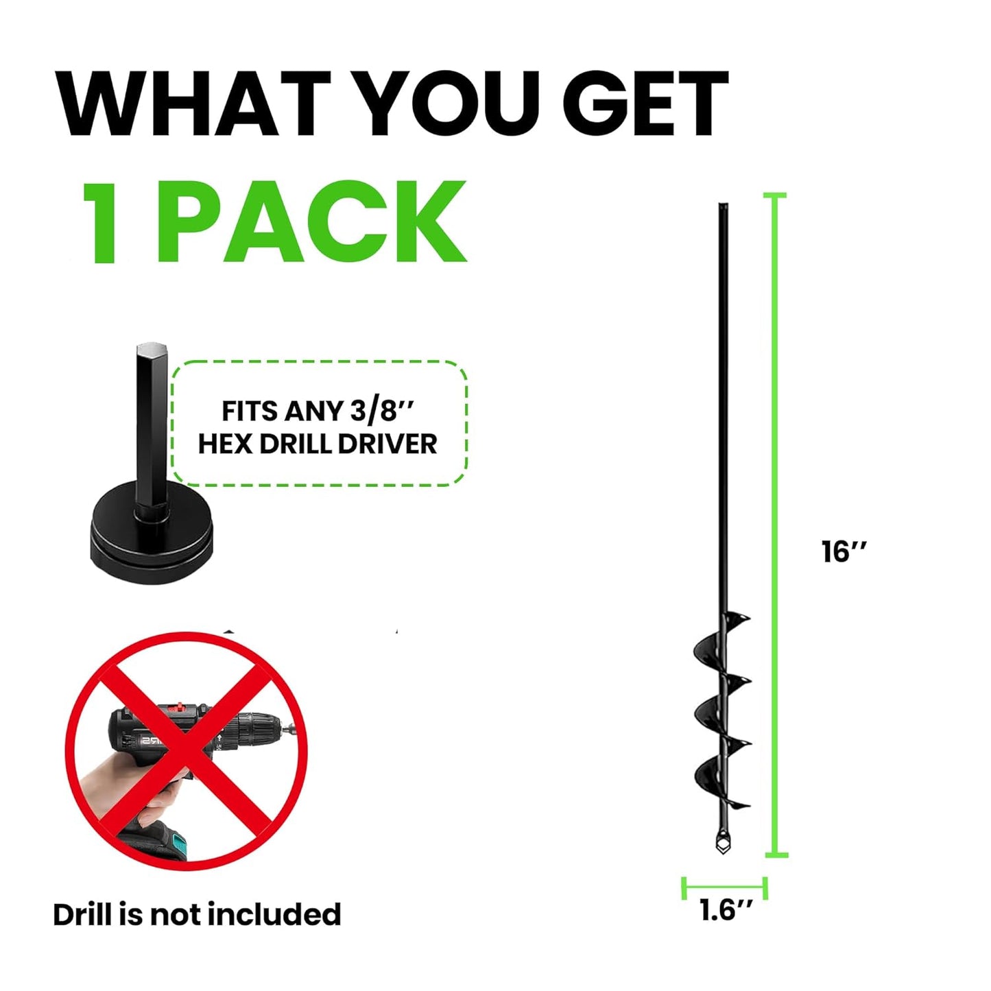 K-Brands Auger Drill Bit for Planting – 1.6 x 16 Inch - Garden Spiral Hole and Bulb Planter Tool for Umbrella Holes - Compatible with 3/8 Inch Hex Drive