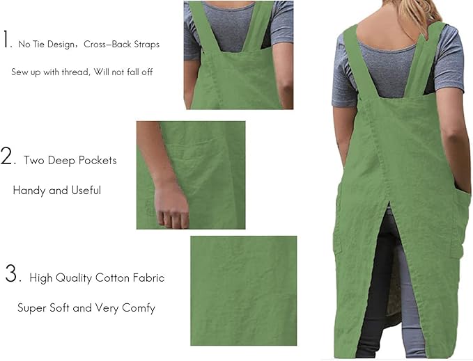 WROLEM Women's Practical Cross Back Pinafore Apron with Large Pockets Home Kitchen,Restaurant,Coffee House,Cooking,Gardening