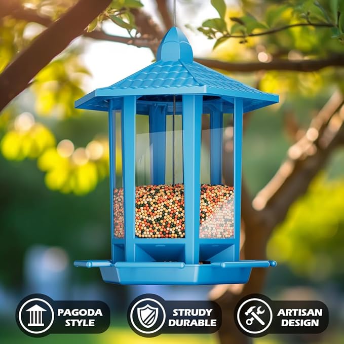 Birdream Bird Feeders for Outdoor Hanging, Fun Installation Pagoda Design Wild Birdfeeder, Attracting Wild Birds Sparrows Finch Cardinal Goldfinch Chickadee - Blue