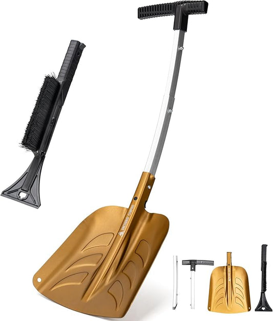 OneTigris Snow Shovel, Collapsible Aluminum Alloy with Ice Scraper Brush - Portable Folding Shovel for Camping, Car Emergency, Winter Outdoor - 25.98" Lightweight Durable Design (Coyote Brown)