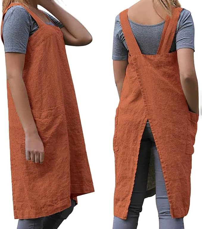 WROLEM Women's Practical Cross Back Pinafore Apron with Large Pockets Home Kitchen,Restaurant,Coffee House,Cooking,Gardening