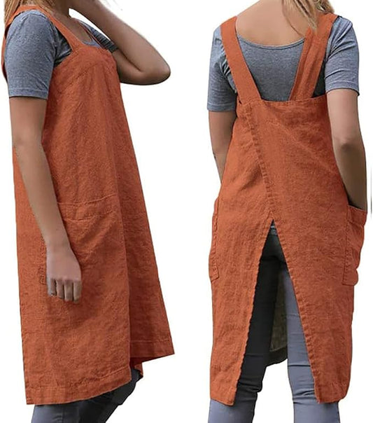 WROLEM Women's Practical Cross Back Pinafore Apron with Large Pockets Home Kitchen,Restaurant,Coffee House,Cooking,Gardening