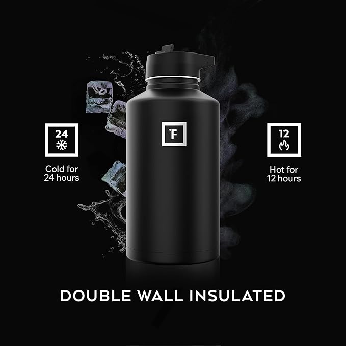 IRON °FLASK Camping & Hiking Hydration Flask with Straw, Wide Mouth Insulated Stainless Steel Sports Water Bottle - 64 oz Midnight Black