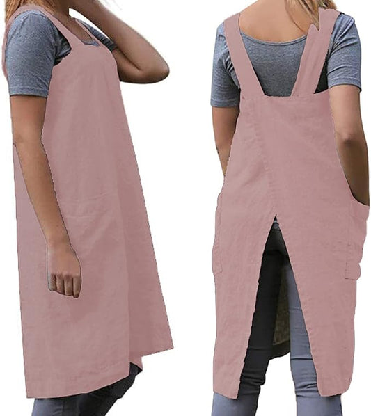 WROLEM Women's Practical Cross Back Pinafore Apron with Large Pockets Home Kitchen,Restaurant,Coffee House,Cooking,Gardening