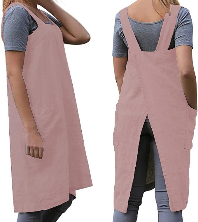 WROLEM Women's Practical Cross Back Pinafore Apron with Large Pockets Home Kitchen,Restaurant,Coffee House,Cooking,Gardening